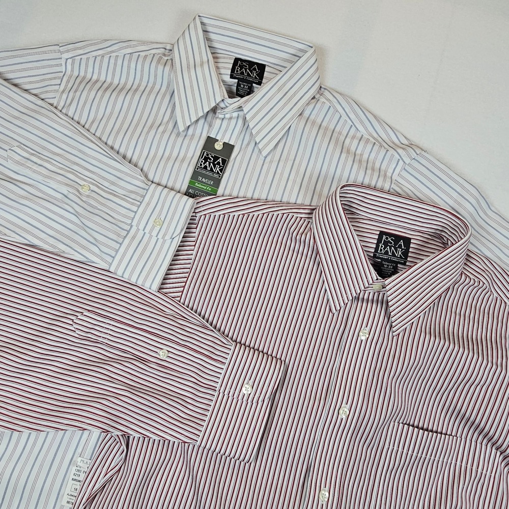 Jos A Bank Traveler Tailored Fit Dress Shirt Mens 16 34 Striped Lot of 2 NWT